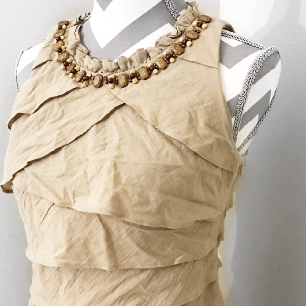 Tiered Sleeveless Mini A Line Tan Boho Chic Casual Dress Bejewelled Rock Detail - Picture 3 of 11
